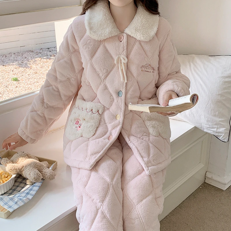 三层夹棉保暖加厚开衫睡衣女冬季甜美公主风翻领珊瑚绒家居服套装