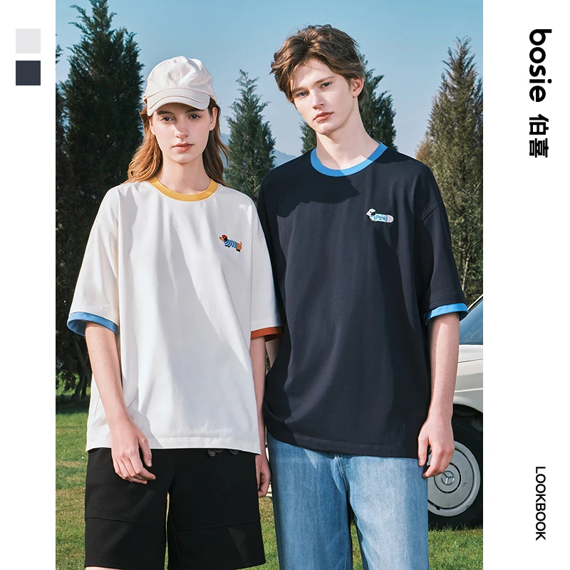 bosie2025年秋夏季新款卡通腊肠狗撞色短袖t恤男情侣百搭宽松潮