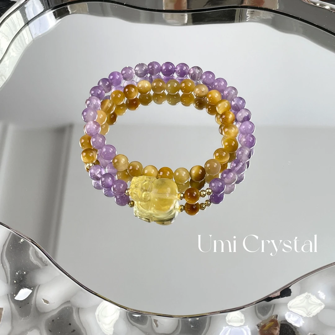 【双圈青货】紫水晶金虎眼貔貅双圈水晶手串气质百搭小众