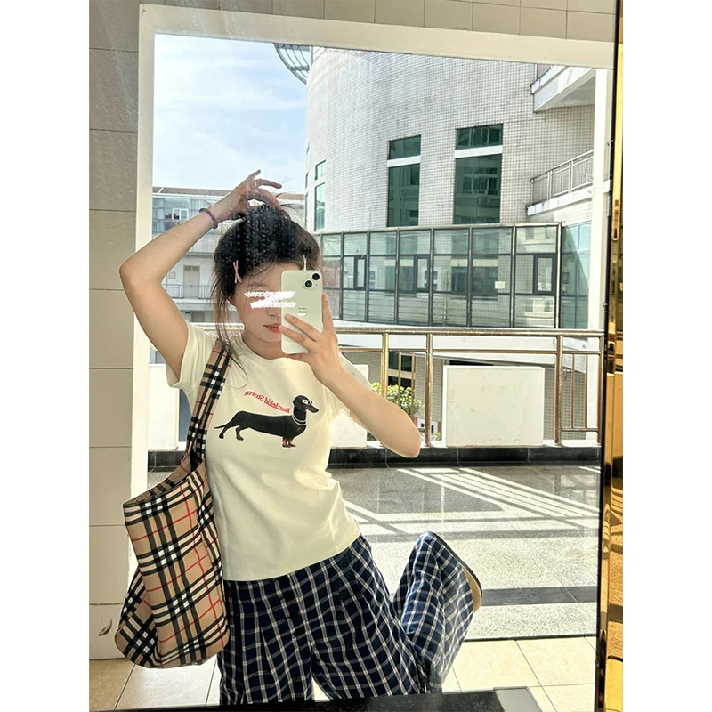 MosesQueen/魔西女王时髦凉感腊肠狗印花短袖T恤显瘦短款上衣