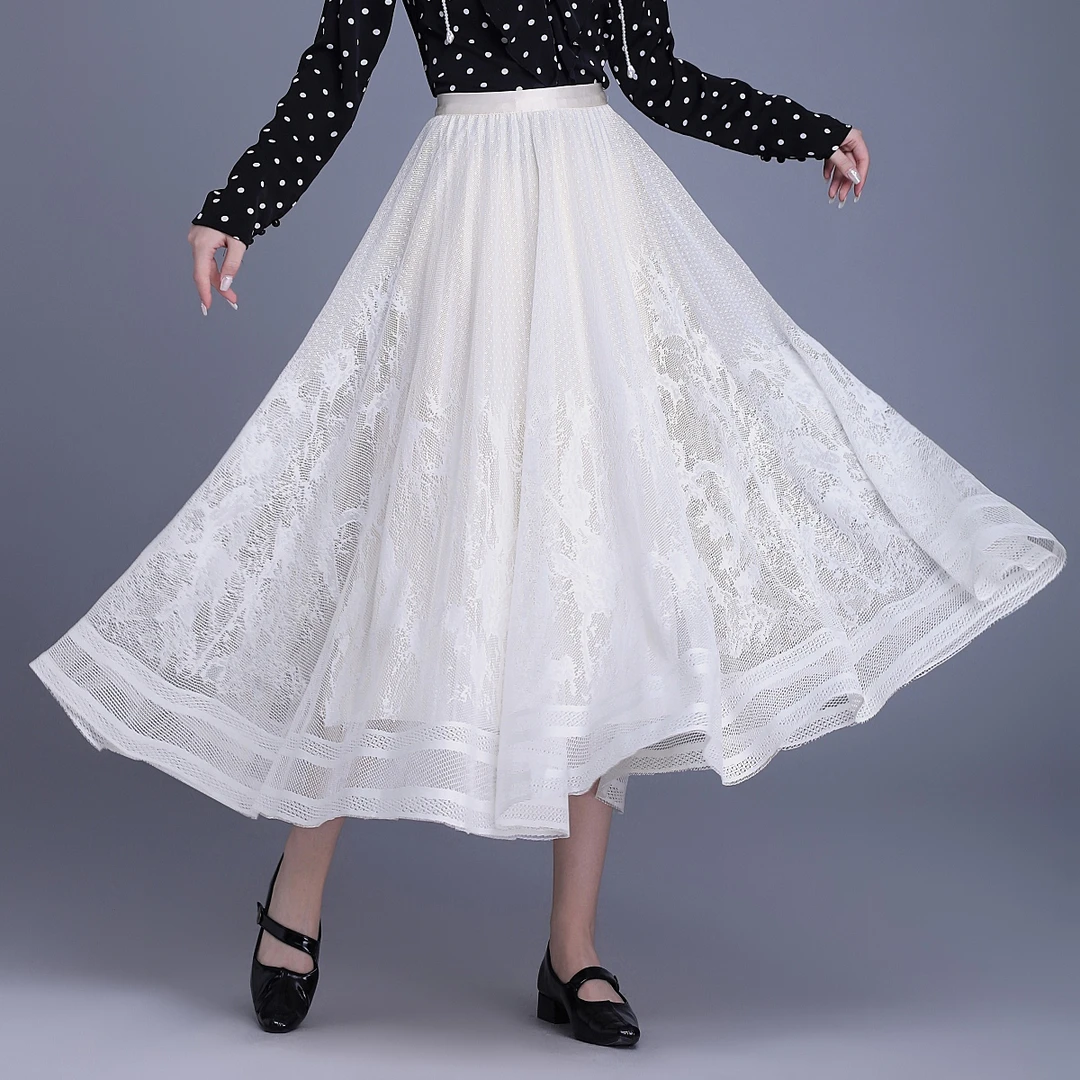 【正反两穿】蕾丝摆百褶双层超大摆裙长裙早春高腰遮跨显瘦半身裙女