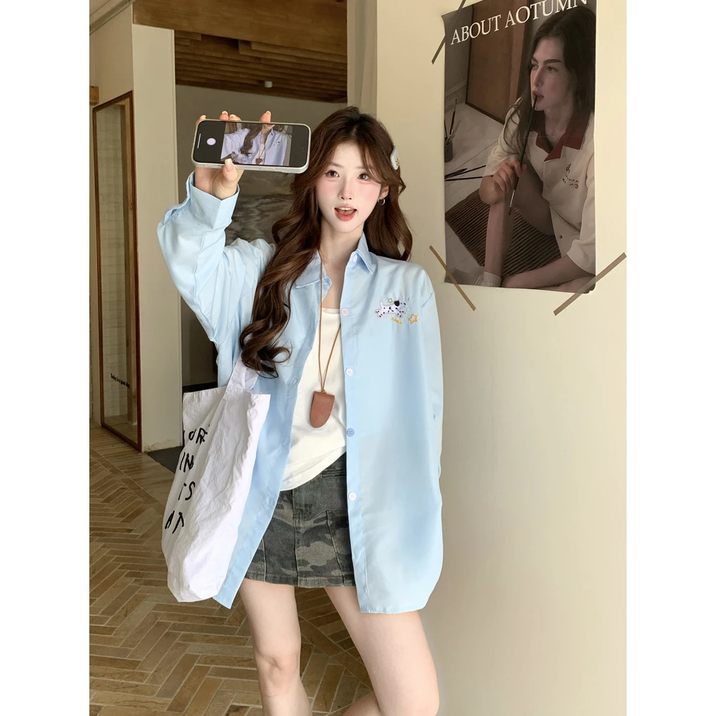 韩版彩扣蓝色长袖衬衫女2025秋季新款别致设计感小狗刺绣上衣外套