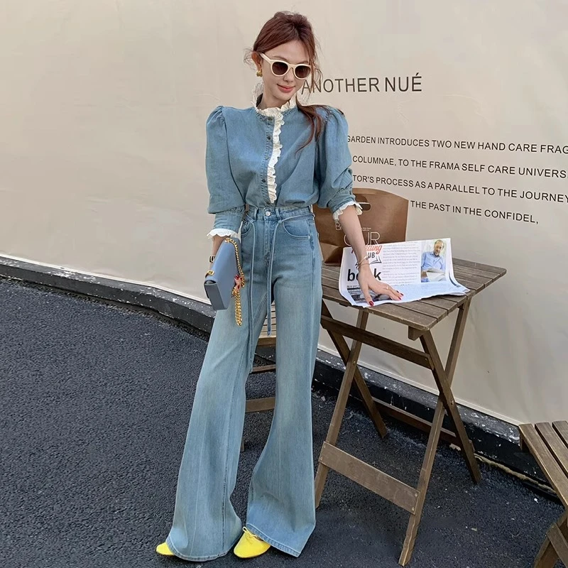 不贴腿微喇裤弹力牛仔裤女2025夏季新款系带设计高腰显瘦宽松阔腿