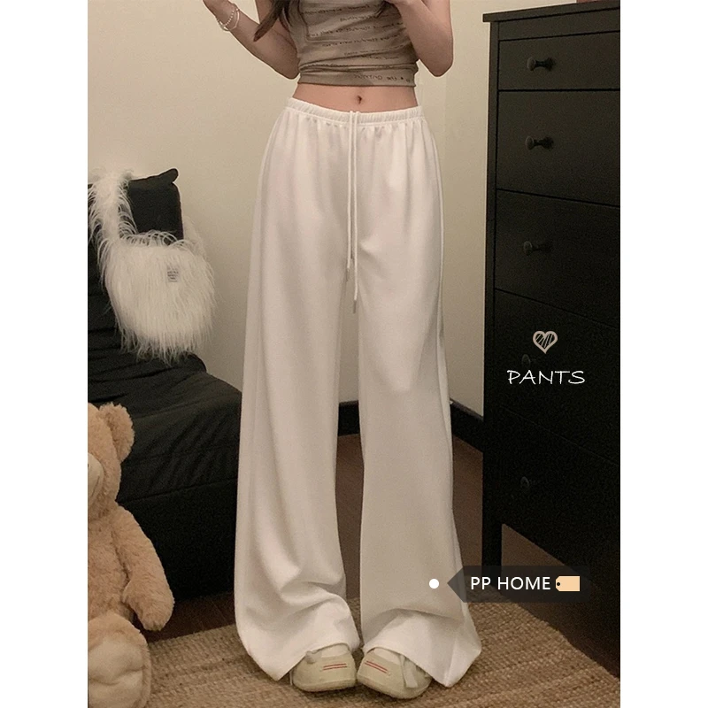 PPHOME灰色抽绳系带休闲裤女春季运动风卫裤直筒阔腿裤小个子长裤