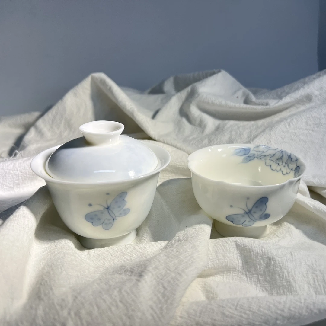 2月新009白瓷蓝蝴蝶系列大盖碗+大杯