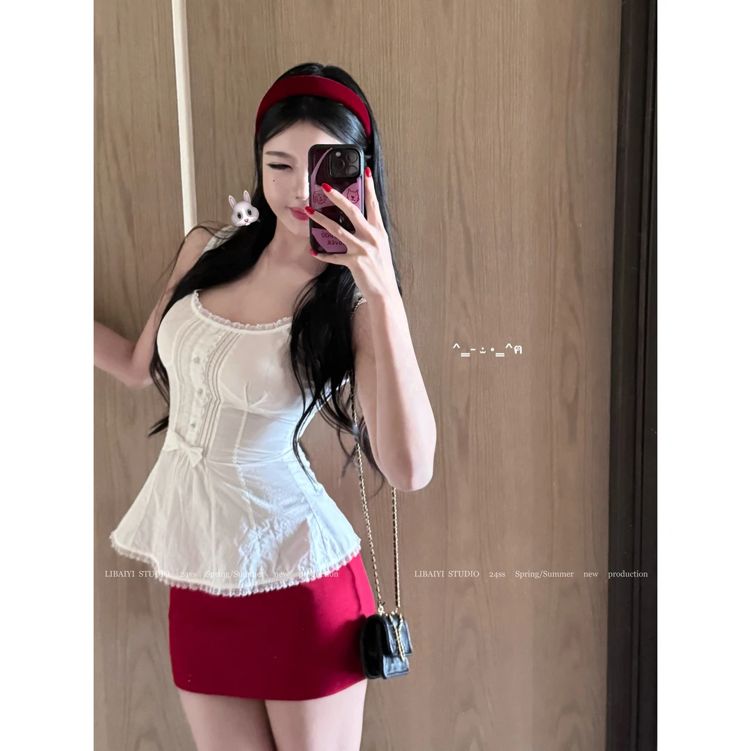 现货 LIBAIYI 乖乖女/法式蕾丝纯欲性感修身收腰洋气无袖上衣1538