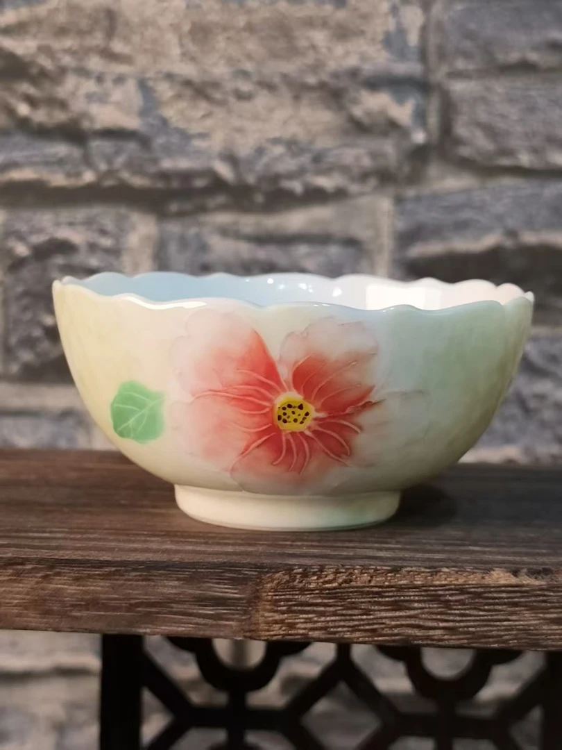 绿彩太阳花图案花口碗杯