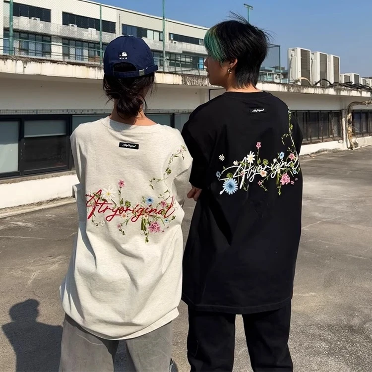 美式复古花卉刺绣短袖t恤男女2025夏季新款国潮宽松情侣装上衣