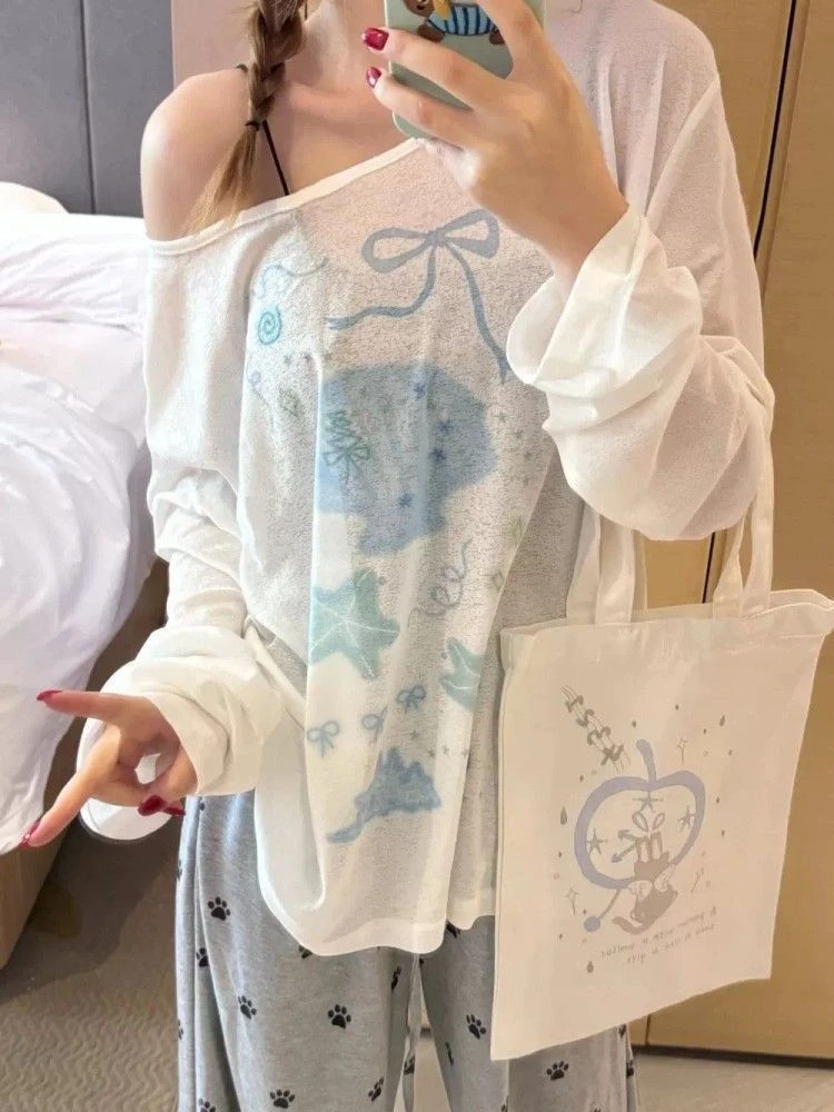 【竹节螺纹 】外搭罩衫上衣个性可爱印花长袖防晒T恤女宽松休闲减龄