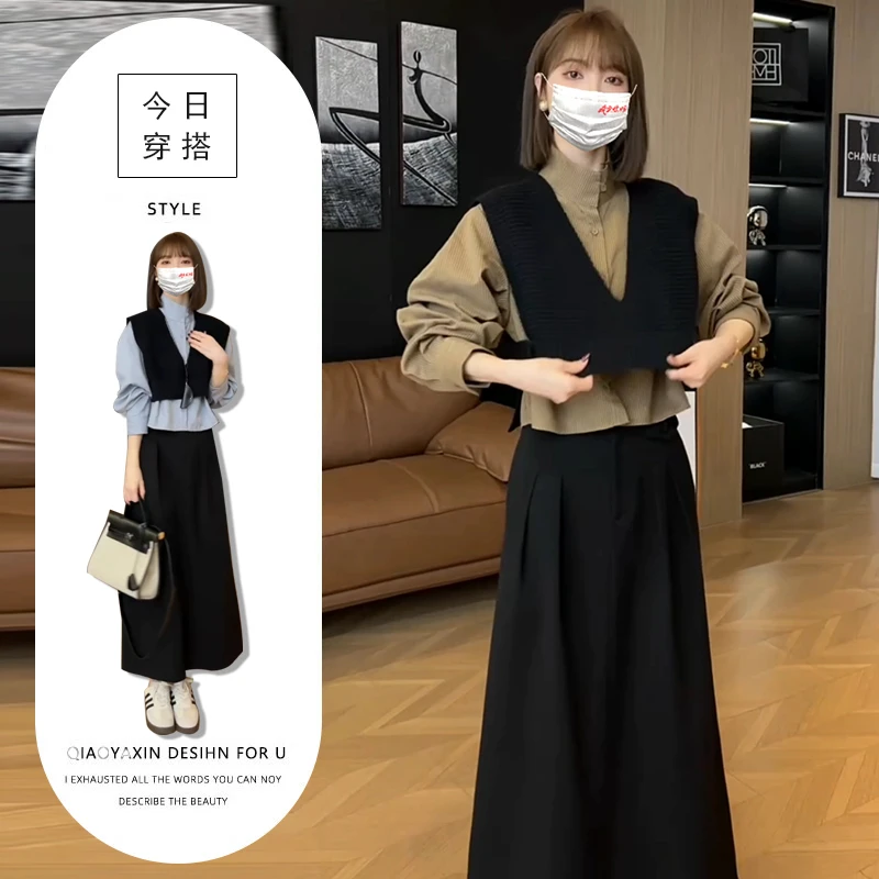 2025早秋高级感三件套穿搭时尚气质纯色衬衫黑色马甲高腰半身裙女
