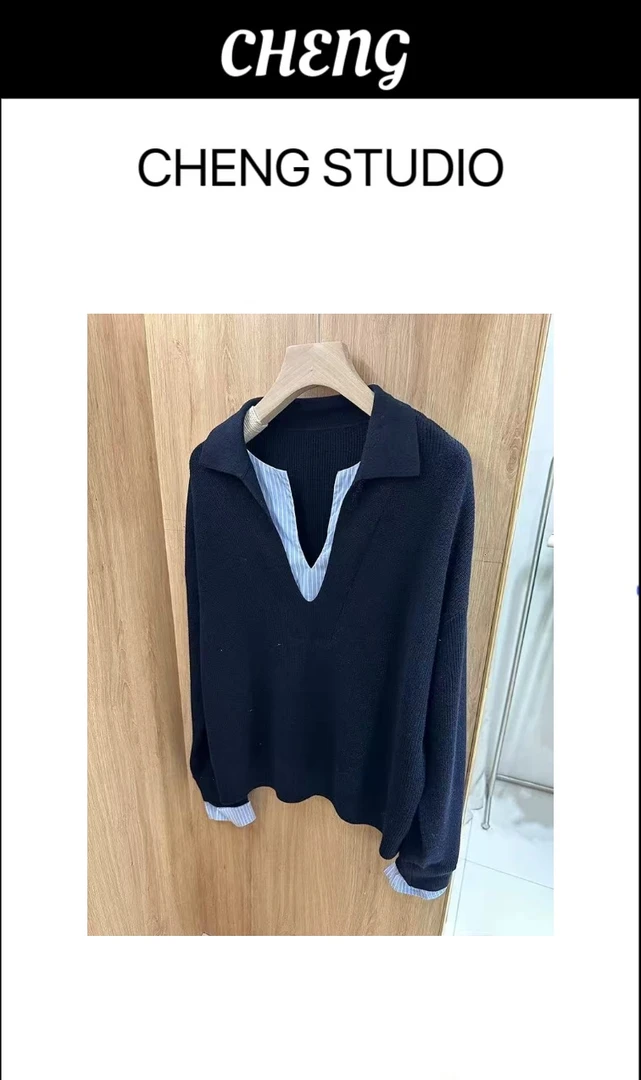 (CB-J) 宽松型条纹欧美风拼接女长袖毛针织衫牛仔针织衫毛衣H0049