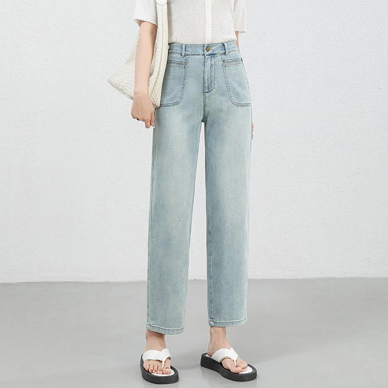 如果小个子显瘦百搭蓝色高腰直筒裤女夏季新款弹力九分牛仔裤8100