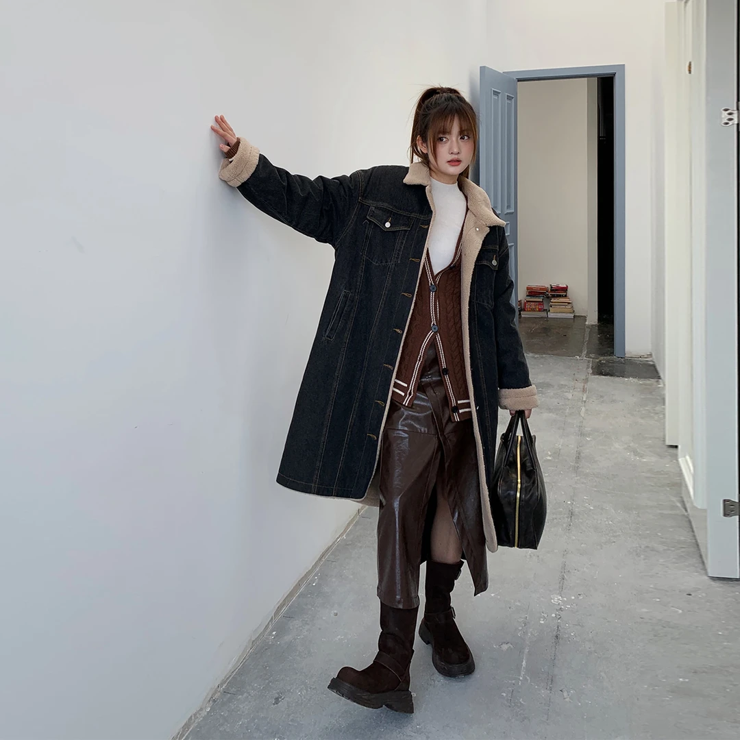 【2码150 3码170】晶咕~街拍LOOK内里羊羔毛牛仔毛呢外套女秋冬宽松