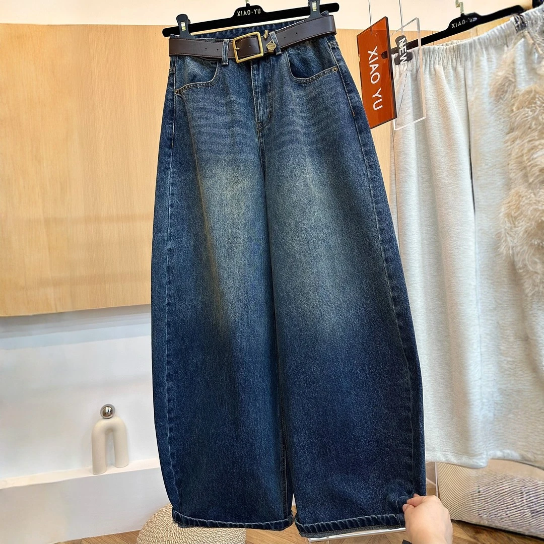 高端欧货秋冬新款复古时尚加绒水洗牛仔裤宽松显瘦百搭弯刀阔腿裤