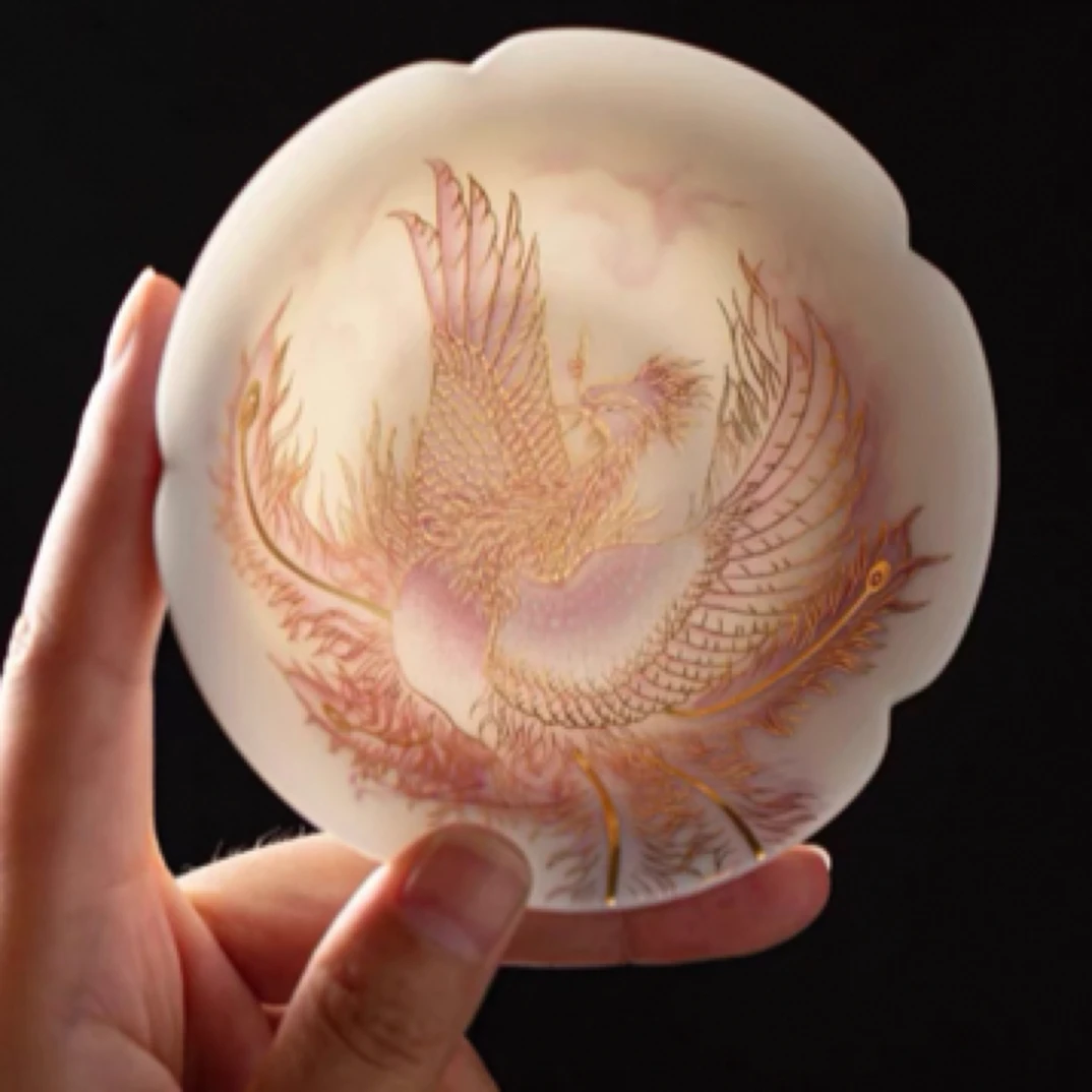 羊脂玉瓷素烧凤凰花口杯