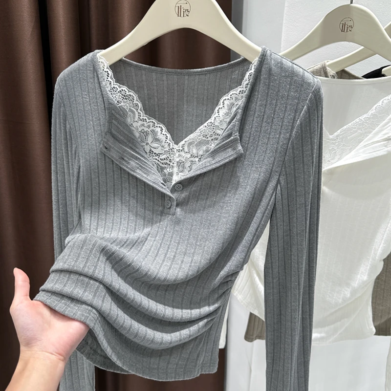 洋气时髦百搭V领薄款长袖针织T恤2025新款拼接蕾丝设计感上衣女