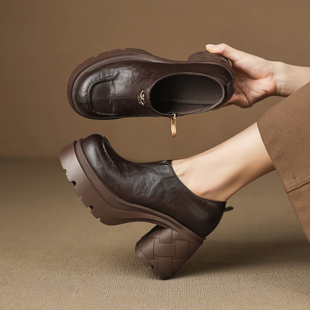 羊皮/8cm/小个子增高跟鞋厚底编织粗跟真皮鞋舒适日常百搭女鞋