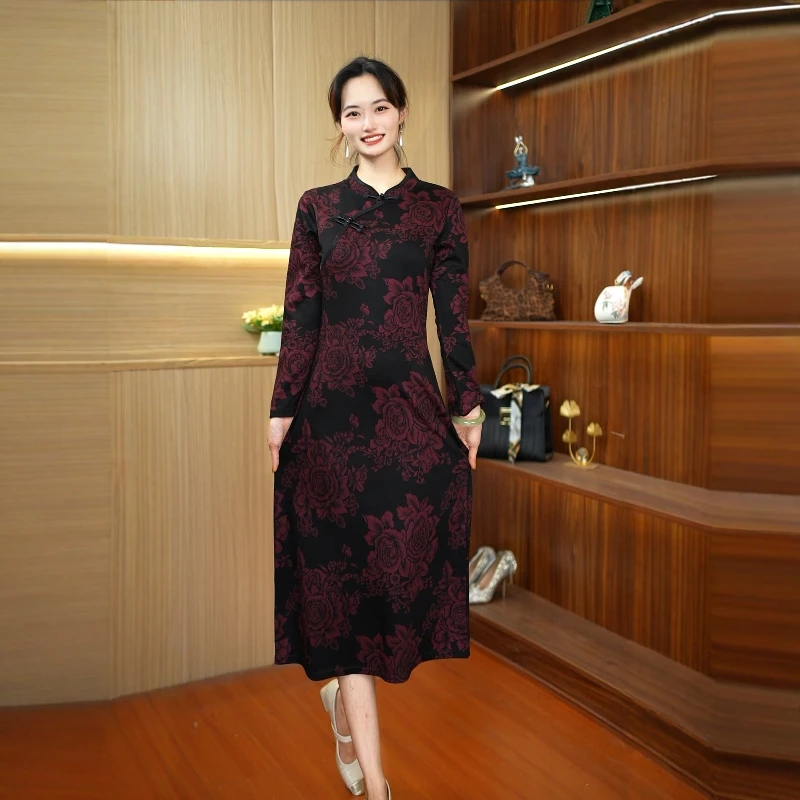 A-1173中式2025夏季改良妈妈新款显瘦时尚长袖旗袍连衣裙裙子