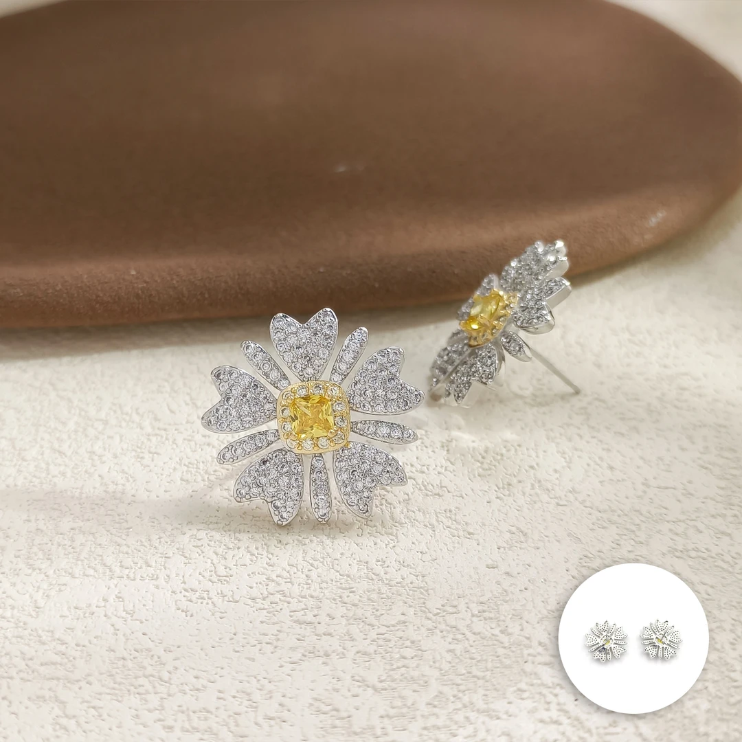 铜合金合成锆石耳饰 WHLM-006683【璨菊花戎】耳饰简约小众简约