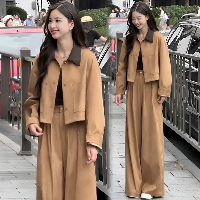 时尚套装女2025春秋新款欧货设计感拼色翻黑纱设计感女两件套套装