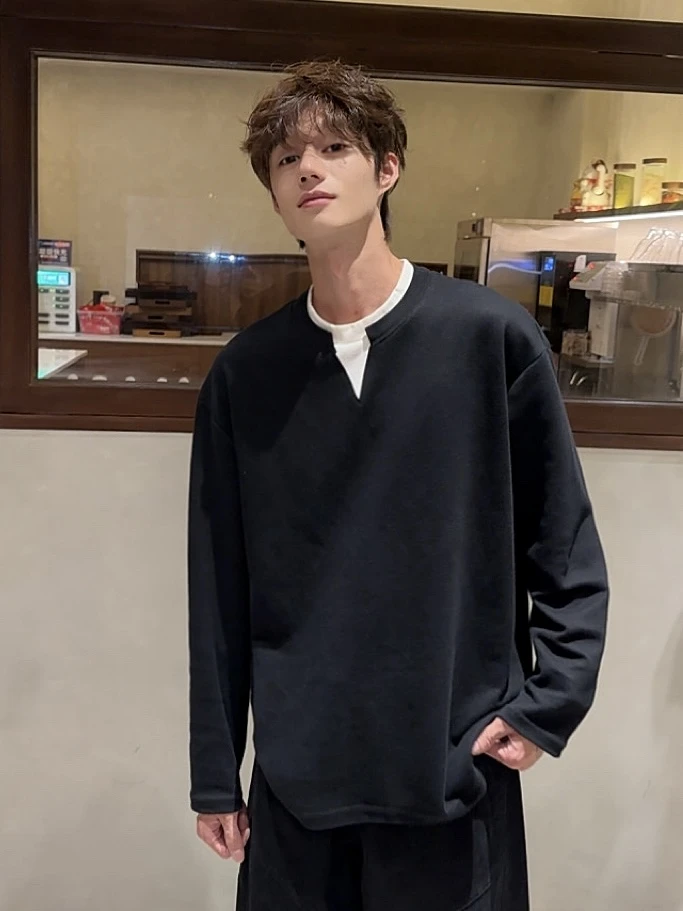 【叁秋】新款秋冬假两件领口拼色简约百搭时尚简约宽松卫衣情侣秋款