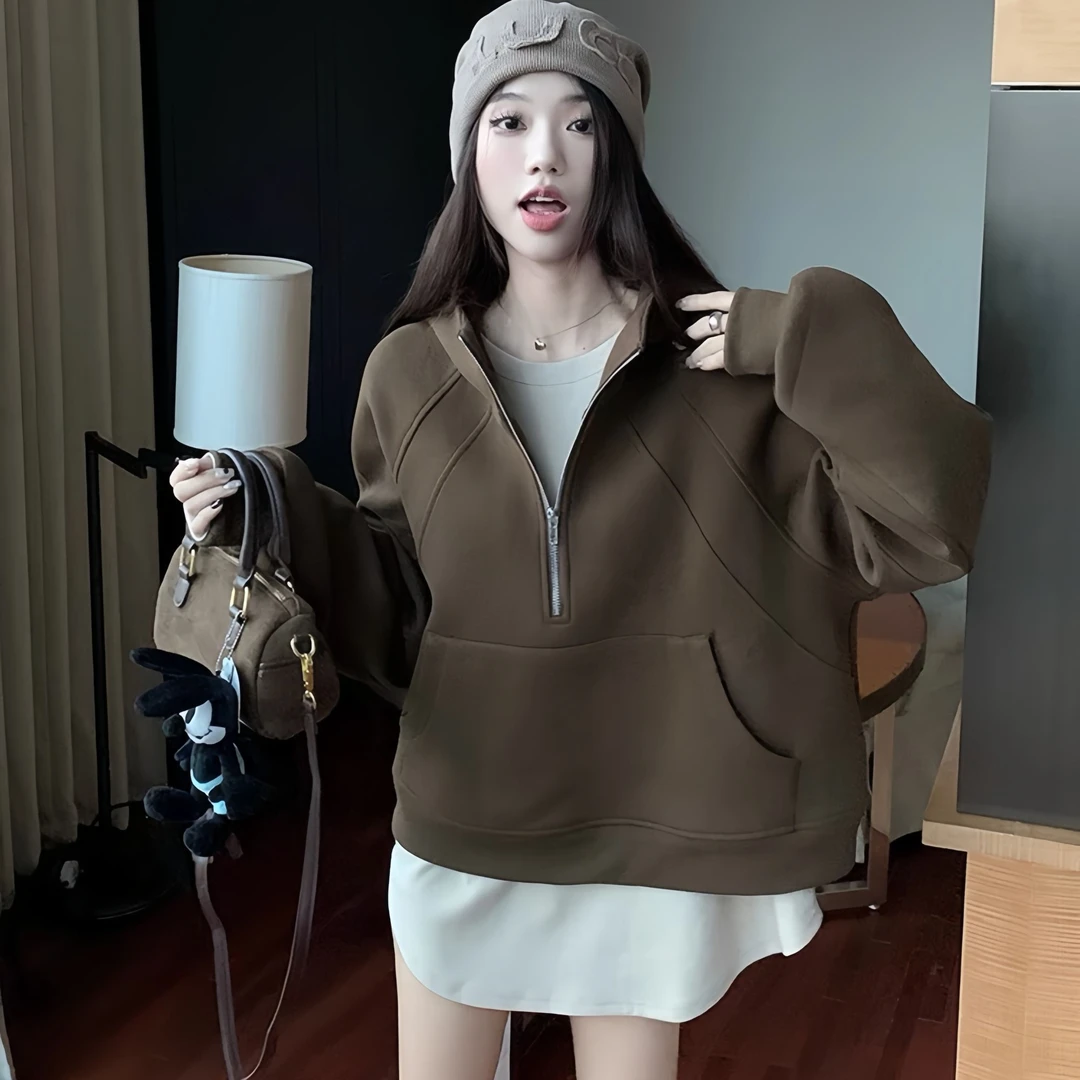 秋冬新款慵懒风高品质加绒加厚连帽卫衣女百搭时尚宽松外套