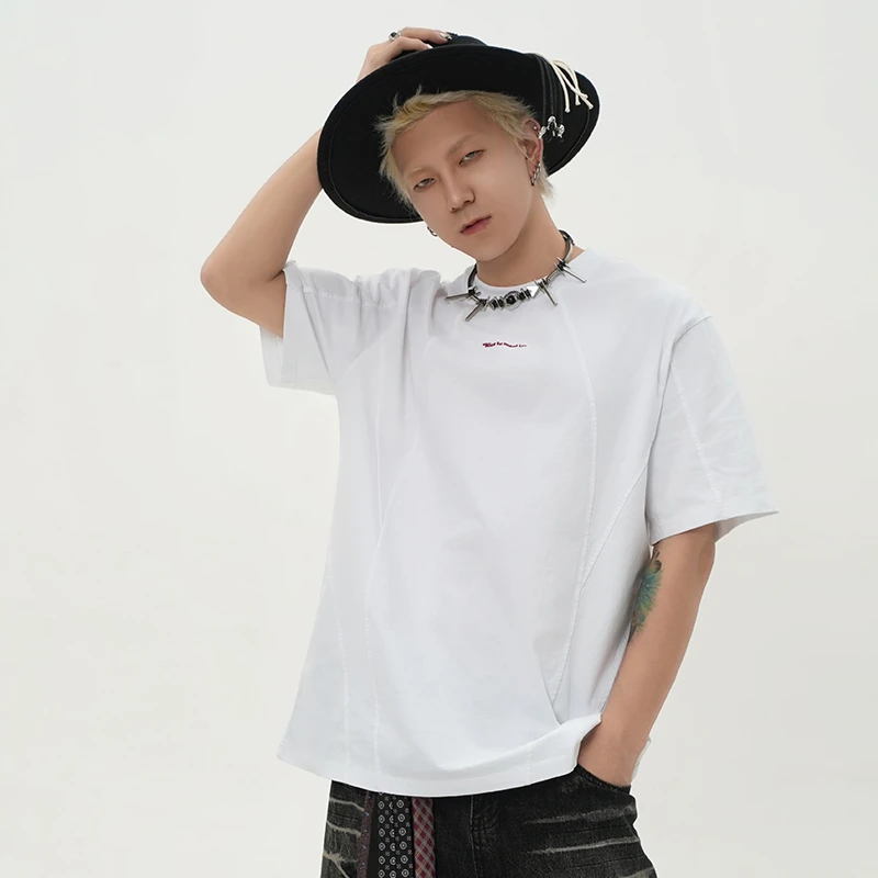 原创潮牌解构美学简约时尚圆领宽松短袖夏季休闲阔版做旧刺绣T恤
