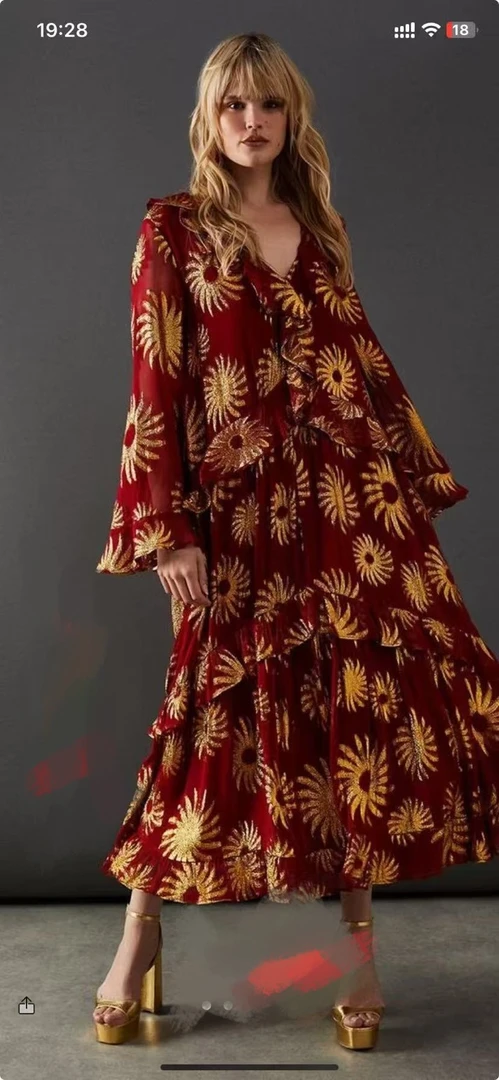 国外代购烫金长裙  高腰公主风灯笼袖套头连衣裙大码中长裙