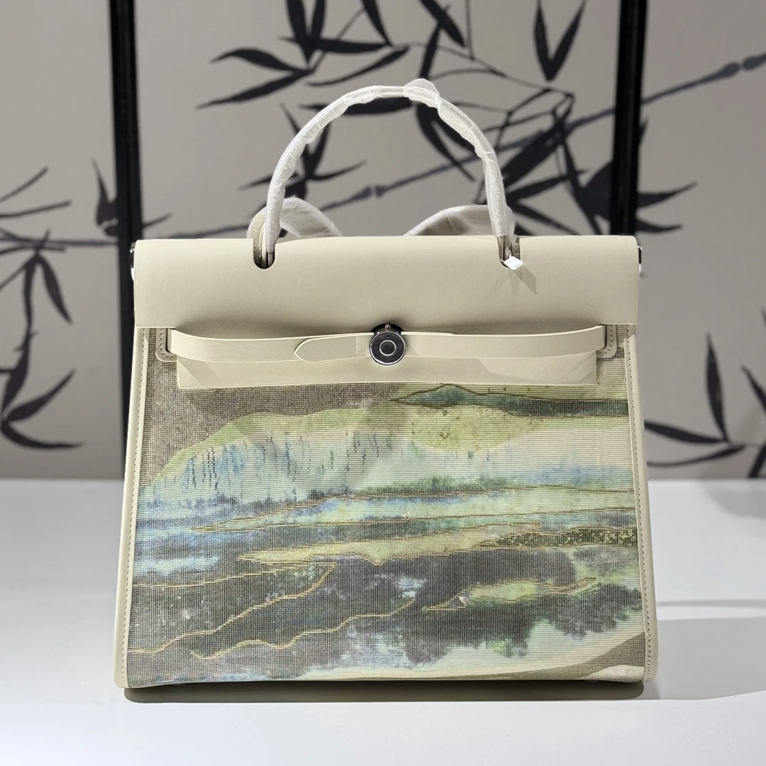 【大号Herbag】非遗织螺鈿工艺 手工真皮唐锦包奶昔白色手提斜挎包