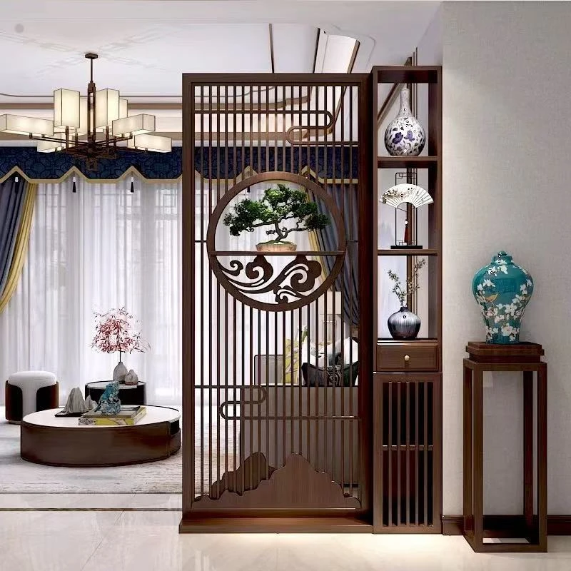 新中式进门客厅屏风隔断卧室书房遮挡家用入户玄关柜实木镂空装饰
