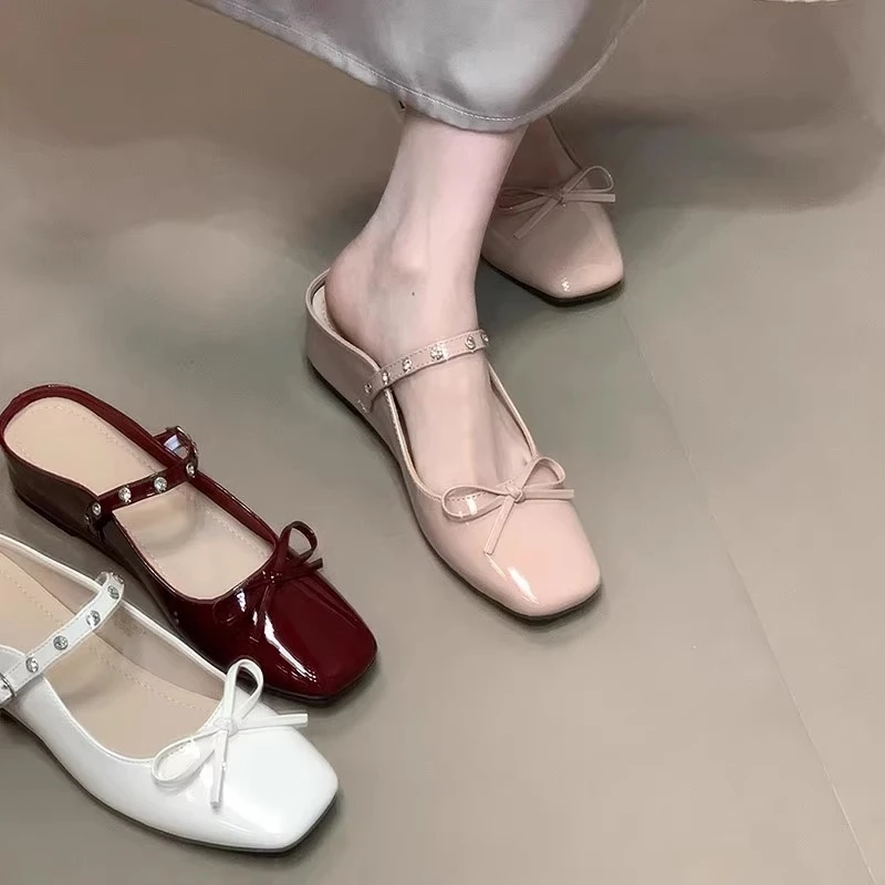 内增高4CM蝴蝶结软底包头半拖鞋夏季甜美外穿浅口水钻带玛丽珍鞋