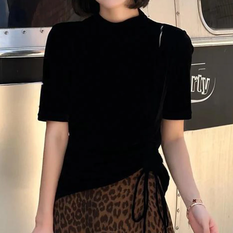 时尚休闲洋气百搭设计感绑带短袖T恤女2025早秋新款修身减龄上衣