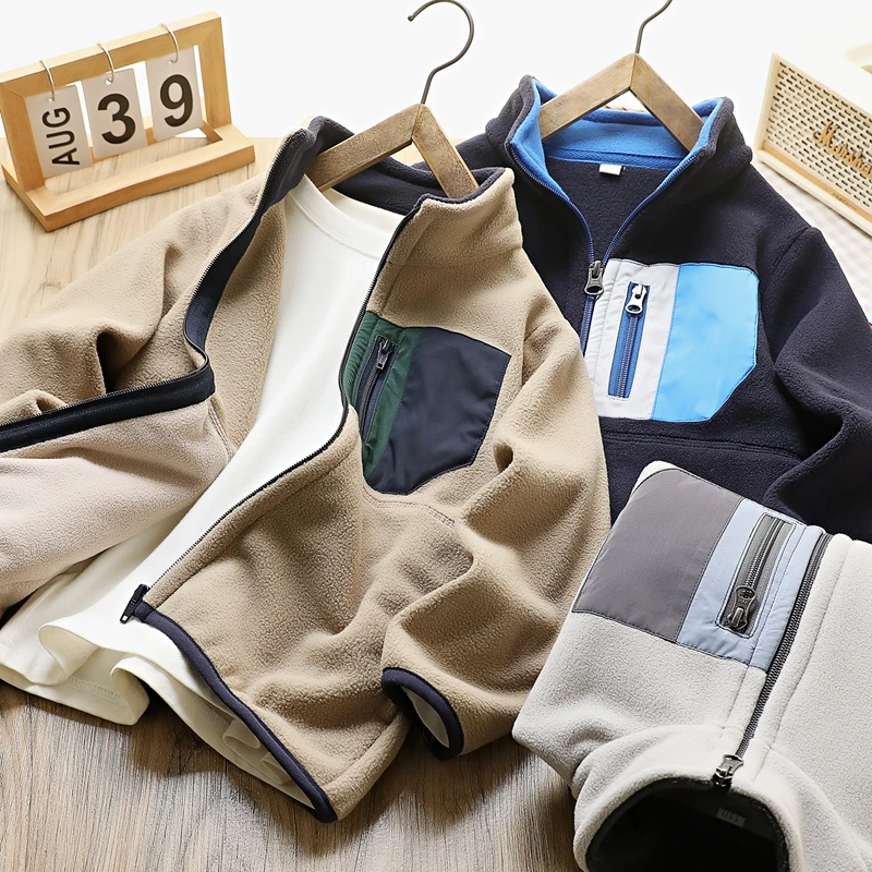 男童摇粒绒相拼口袋外套秋冬新款中大儿童装加绒拉链衫休闲百搭潮