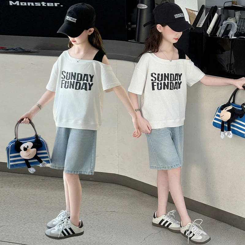 女童夏季新款斜领露肩t恤牛仔中裤套装6-12岁15中大童小女孩套装