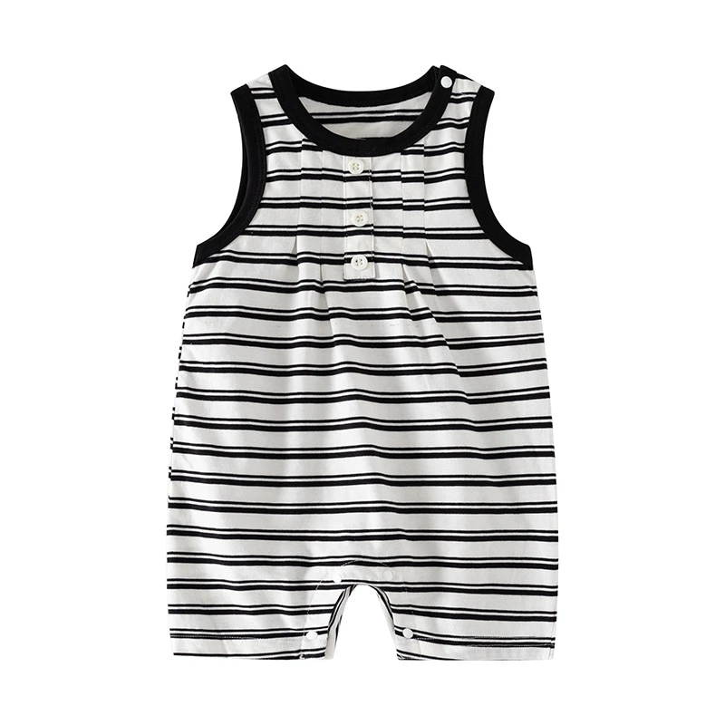夏季短袖婴儿连体衣新生儿宝宝无袖衣服时尚百搭条纹哈衣爬爬服