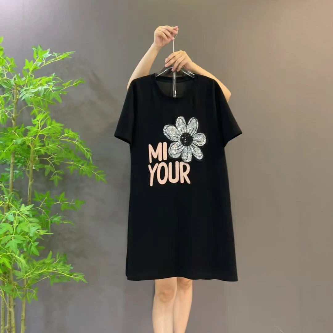 2870夏季欧货圆领重工亮片花朵高级感显瘦轻奢连衣裙（长92左右）