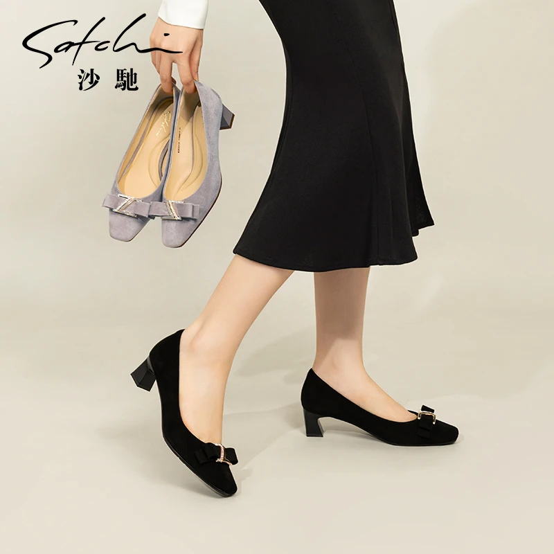 沙驰女鞋高雅时尚通勤单鞋女2025年春季新款蝴蝶结钻饰工作鞋粗跟