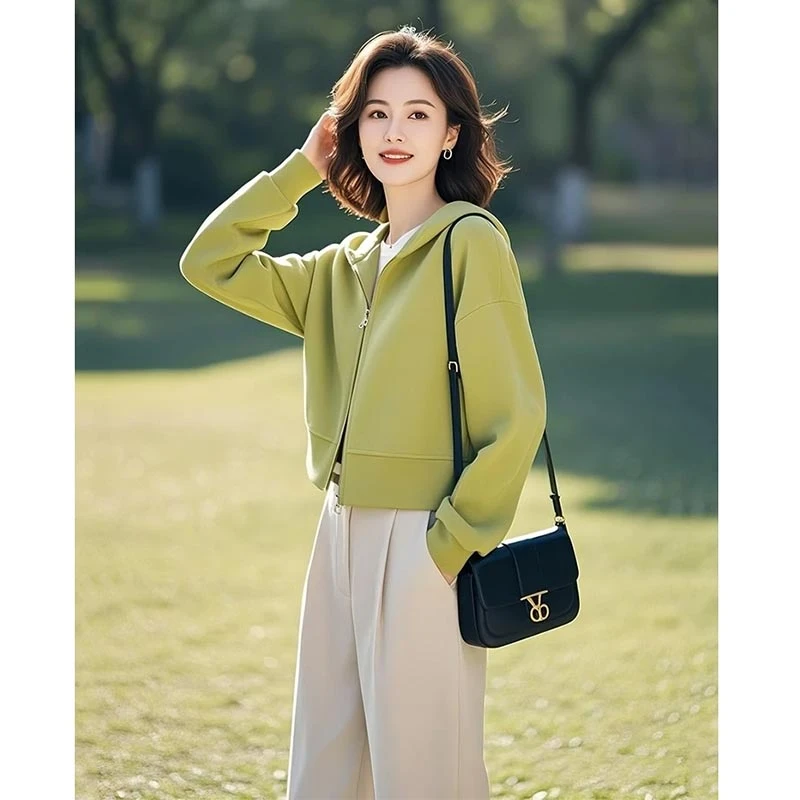 韩版休闲连帽短外套女2025年春季新款设计感百搭洋气纯色百搭卫衣