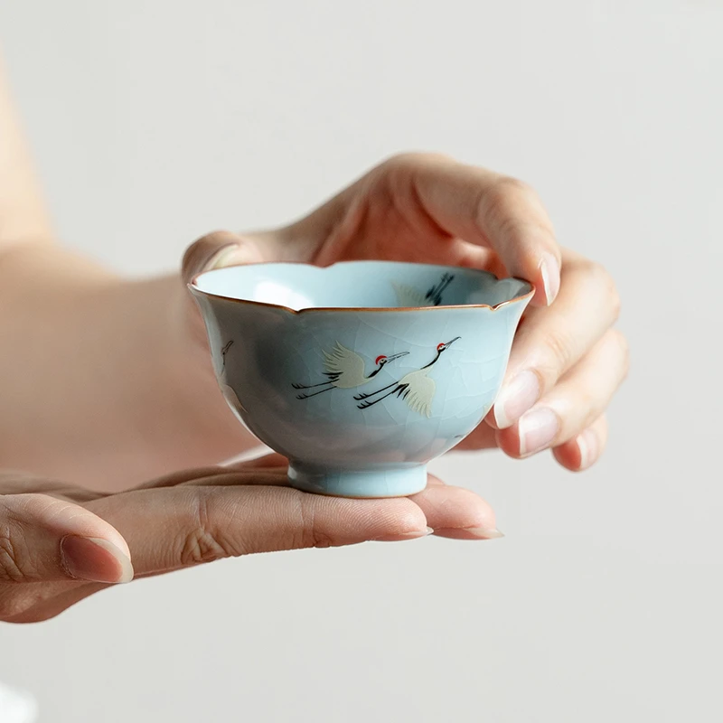 赞朴天青汝窑茶杯创意银浦归鹤陶瓷茶盏功夫茶具家用主人杯品茗杯