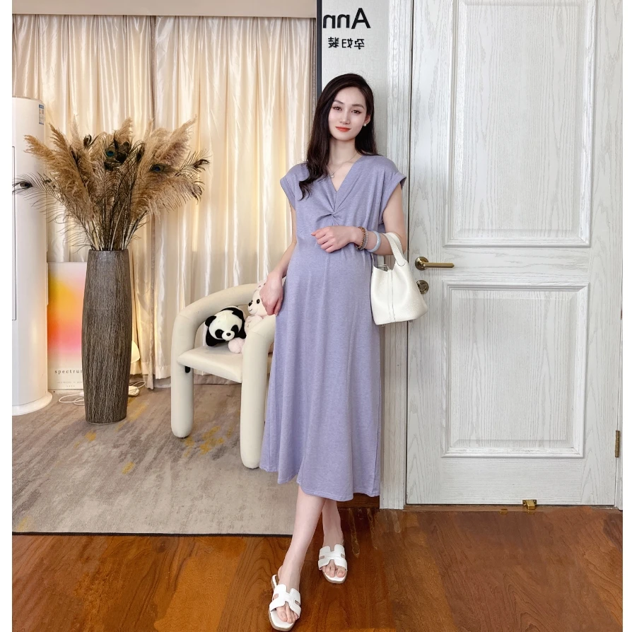Ann&Tens【紫气东来】2025夏季高弹力设计感时尚V领气质孕妇连衣裙