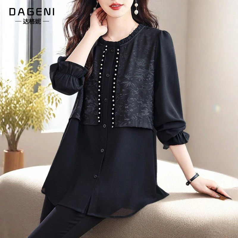 高级感大码拼接提花衬衫女2025春新款中长款宽松显瘦上衣国风小衫