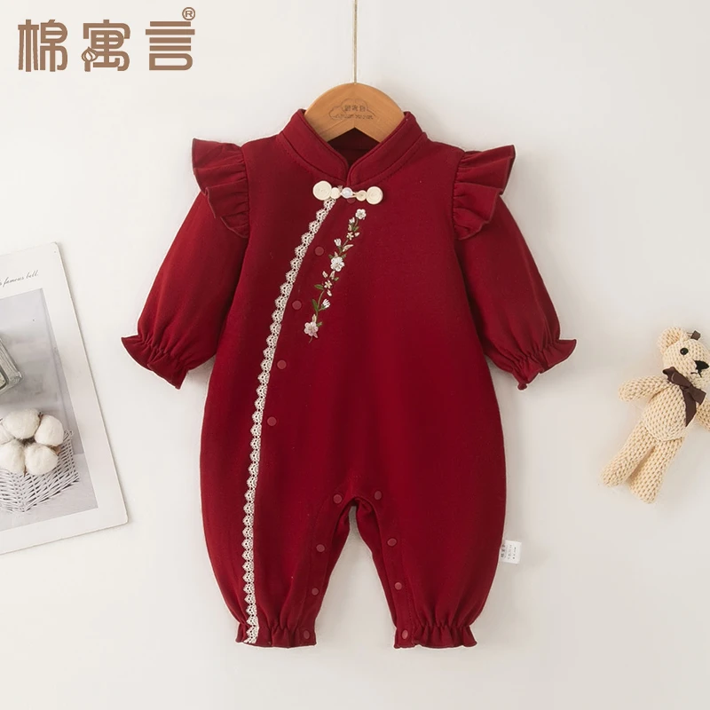 满月百天礼服婴儿春秋季连体衣纯棉国风女宝宝爬服长袖哈衣外出服