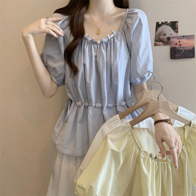 夏季大码新款时尚甜美圆领串珠腰带收腰遮肉宽松显瘦百搭上衣