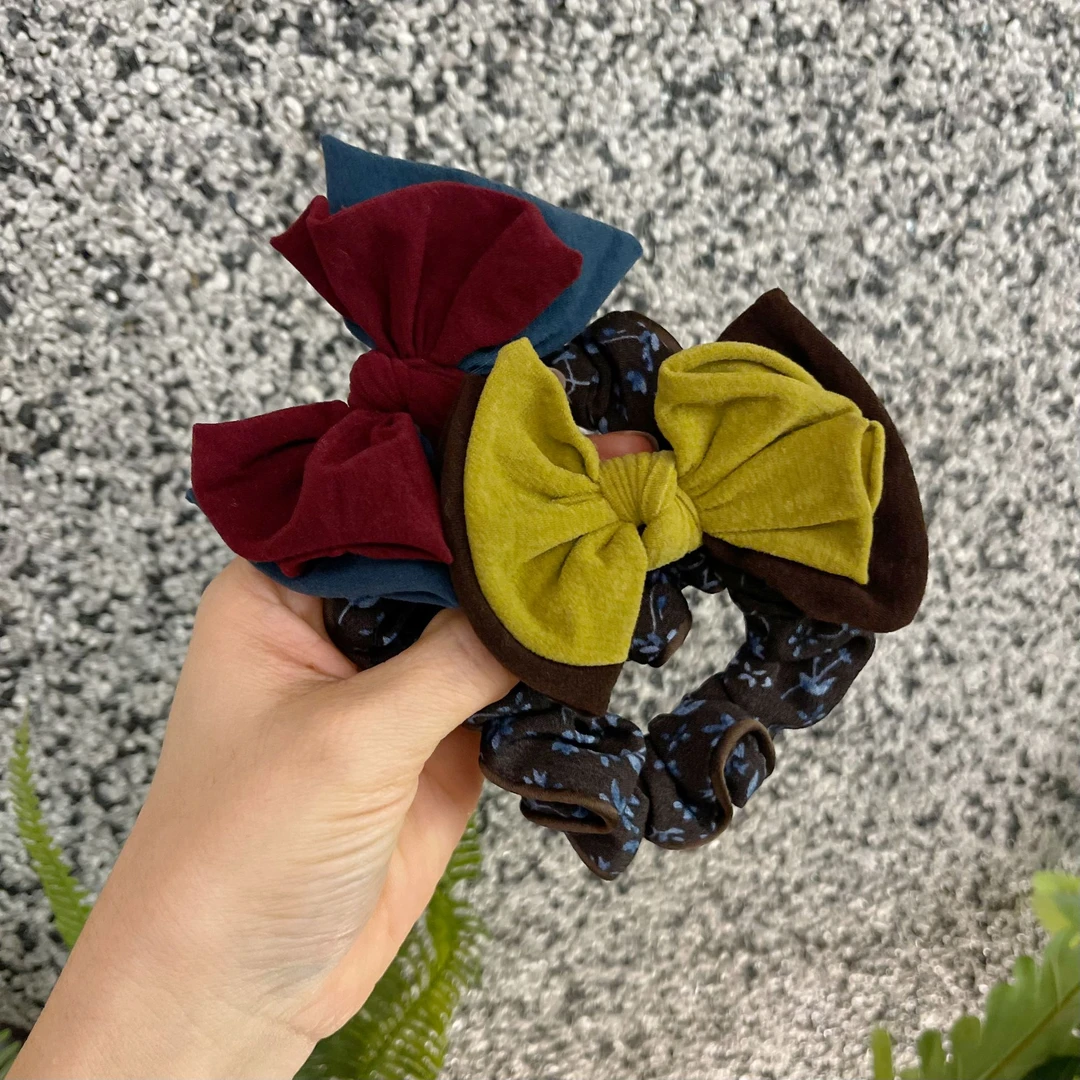 A181~双层撞色蝴蝶结碎花发圈高级洋气发绳头绳百搭气质发饰头饰