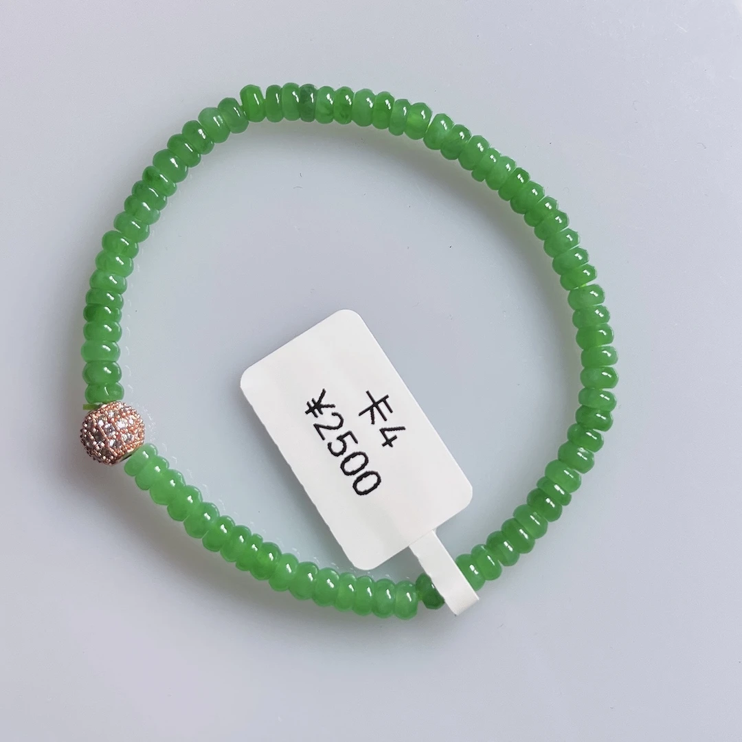 天然缅甸翡翠a货果阳绿算盘珠卡4满色满绿时尚单圈百搭绿色精美