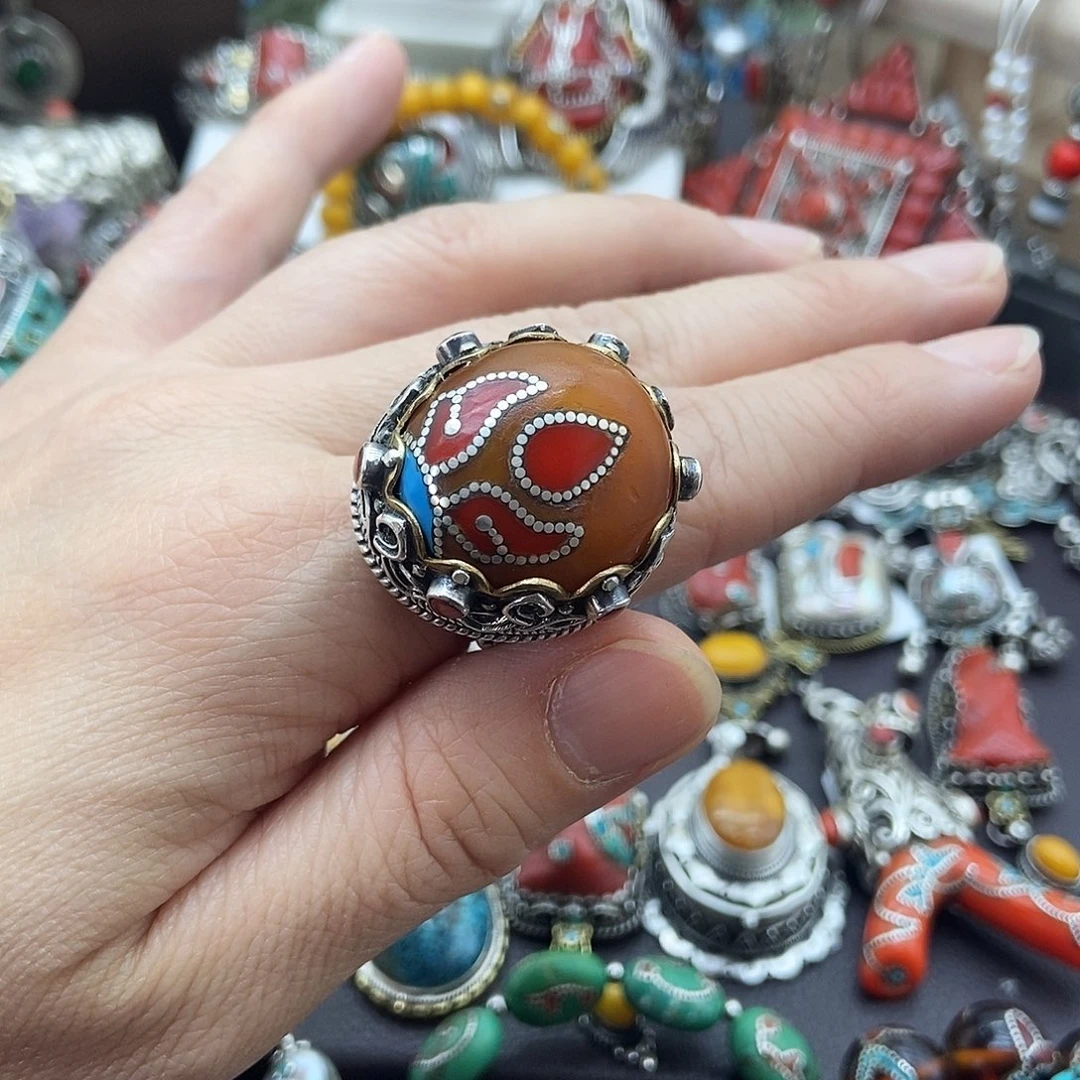 蜜蜡银S925镶嵌戒指坤尼泊尔手工制作