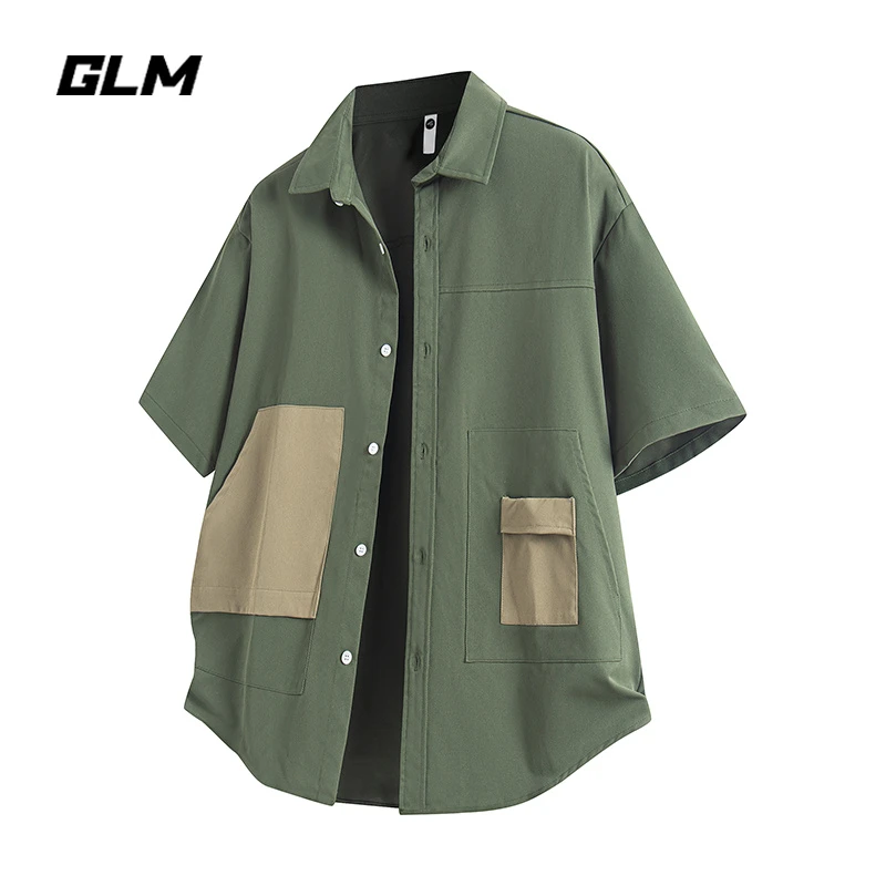 GLM春季新款短袖寸衫撞色高级感休闲宽松补丁工装衬衫外套 男潮