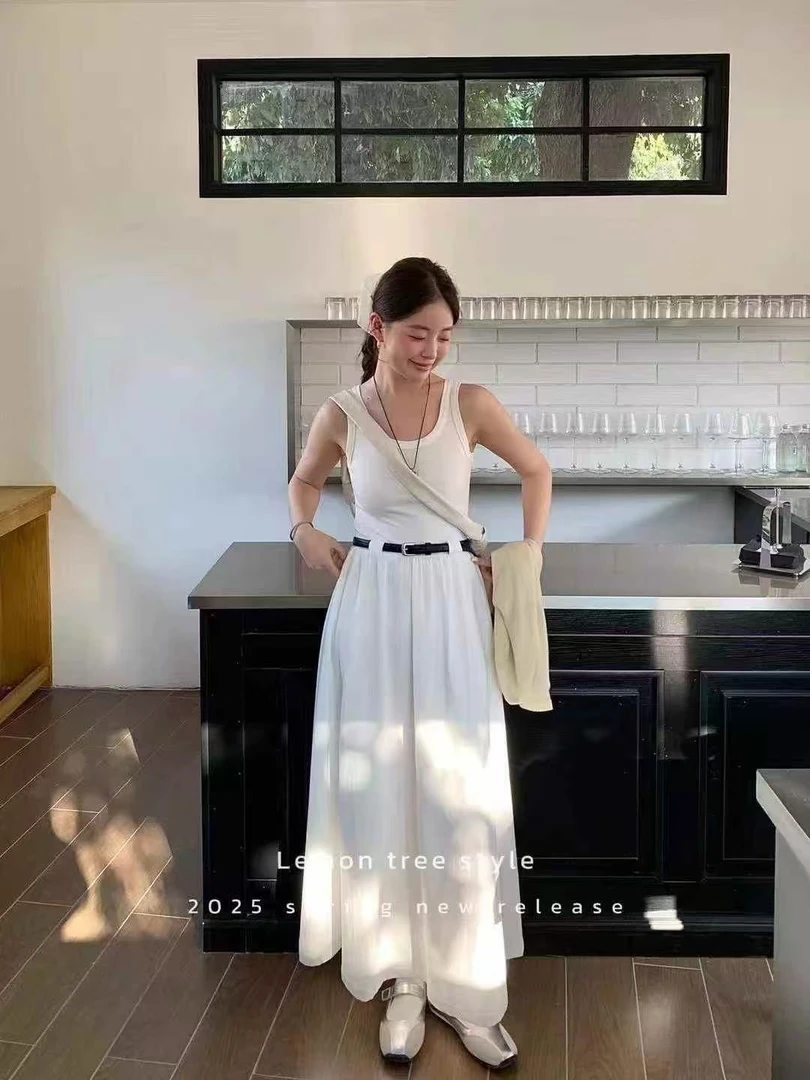 夏季针织无袖长款显瘦小众连衣裙白色长裙裙子配皮带