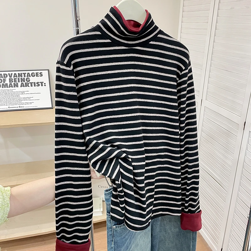 2025韩版复古条纹长袖体恤衫气质百搭显瘦内搭宽松高领打底上衣服