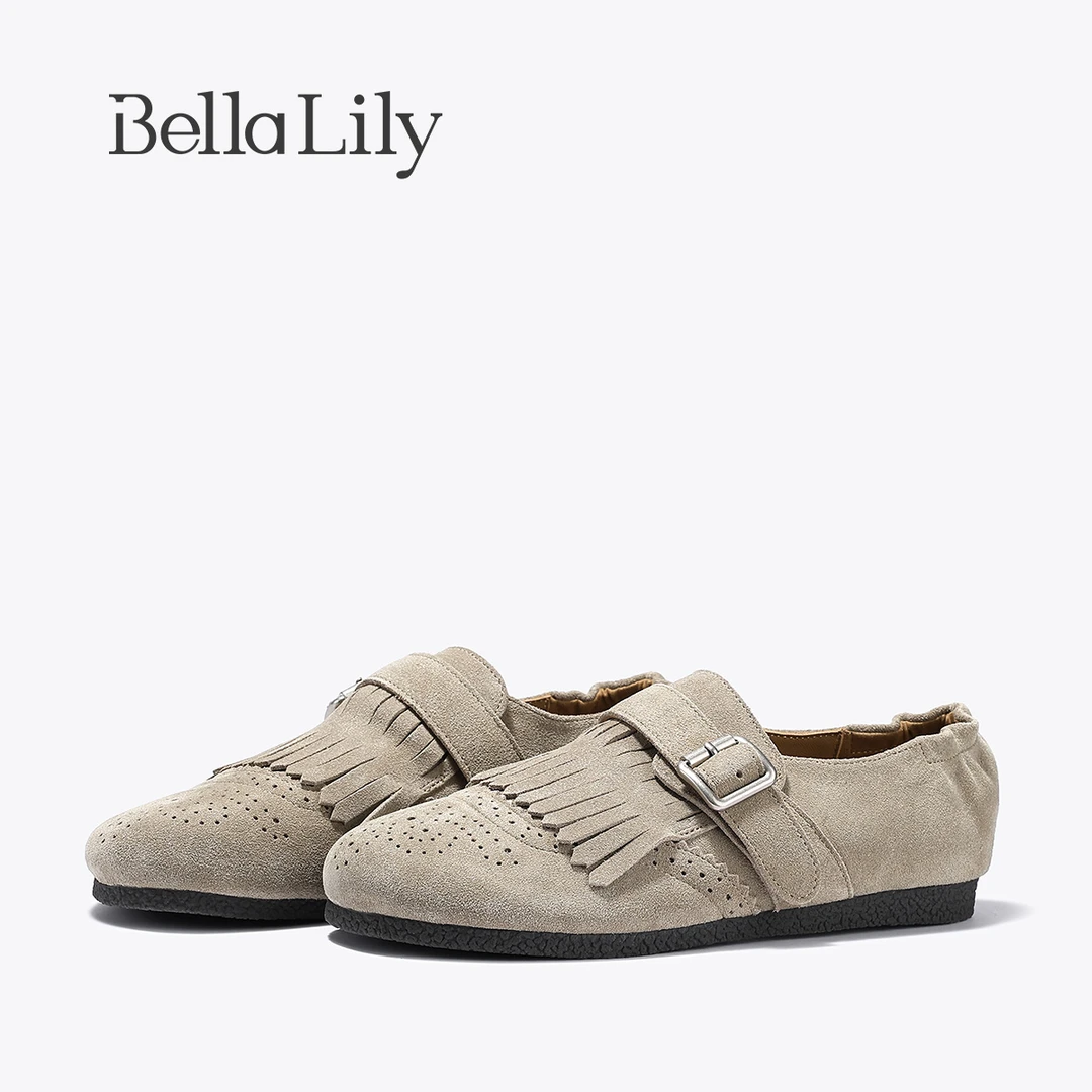BellaLily2025新款气质流苏平底单鞋女牛皮乐福鞋时尚复古小皮鞋